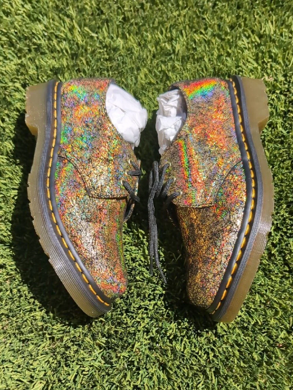 NEW Dr. Martens Gold Iridescent Holographic Lace-Up 1461 Oxford Rainbow Crackle